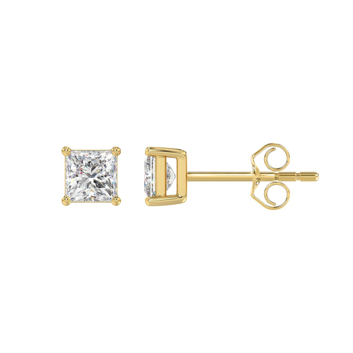 4-Prong Basket Princess Diamond Stud Earrings 1 ct, 10K Yellow Gold, flat view
