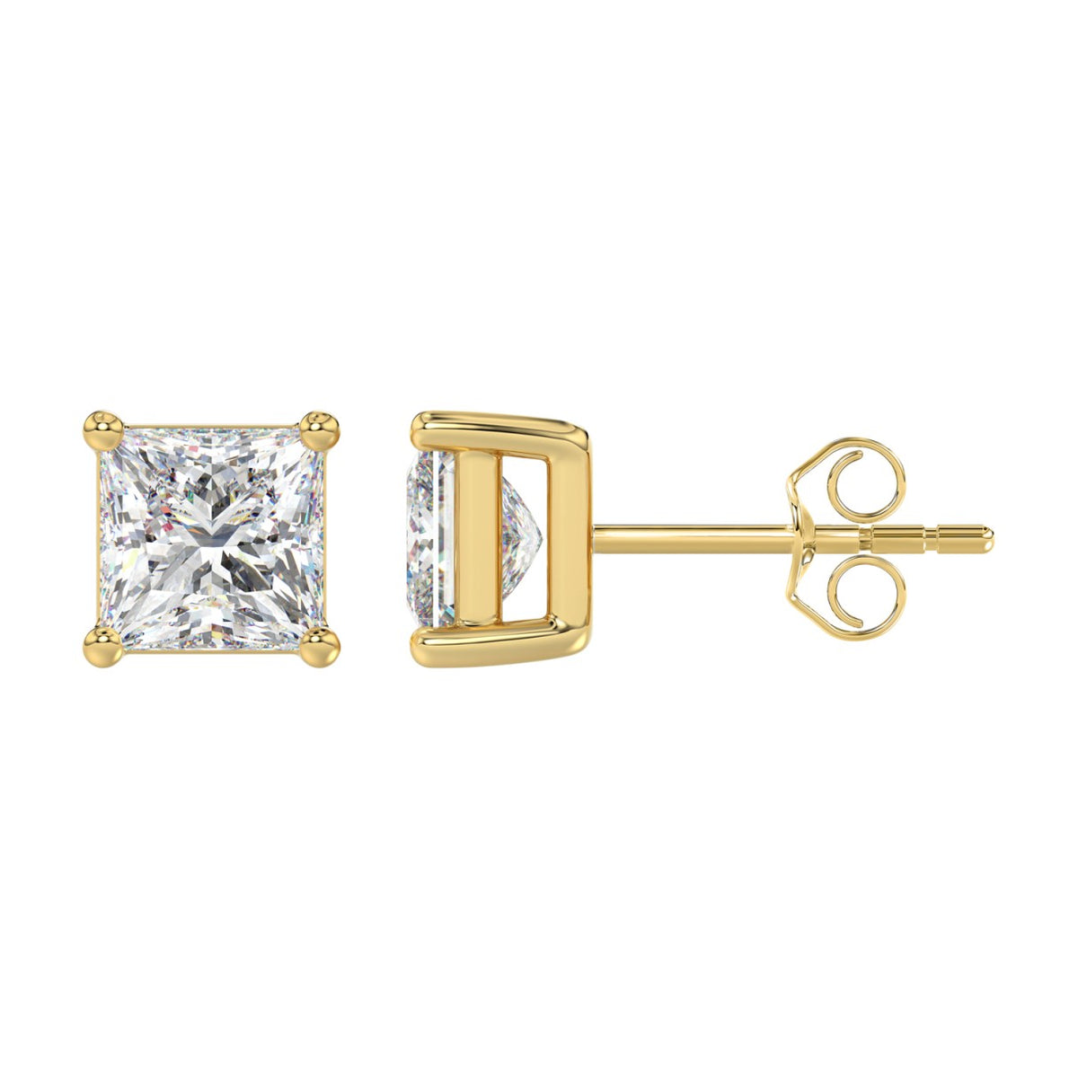 4-Prong Basket Princess Diamond Stud Earrings 4 ct, 10K Yellow Gold, flat view