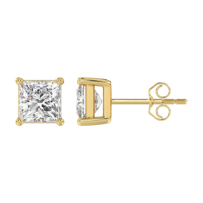 4-Prong Basket Princess Diamond Stud Earrings 4 ct, 10K Yellow Gold, flat view