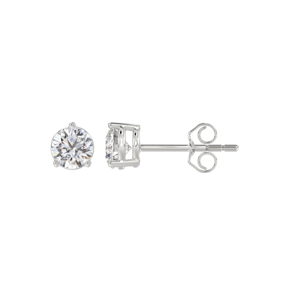 3-Prong Basket Round Brilliant Diamond Stud Earrings 1 ct, 10K White Gold, flat view