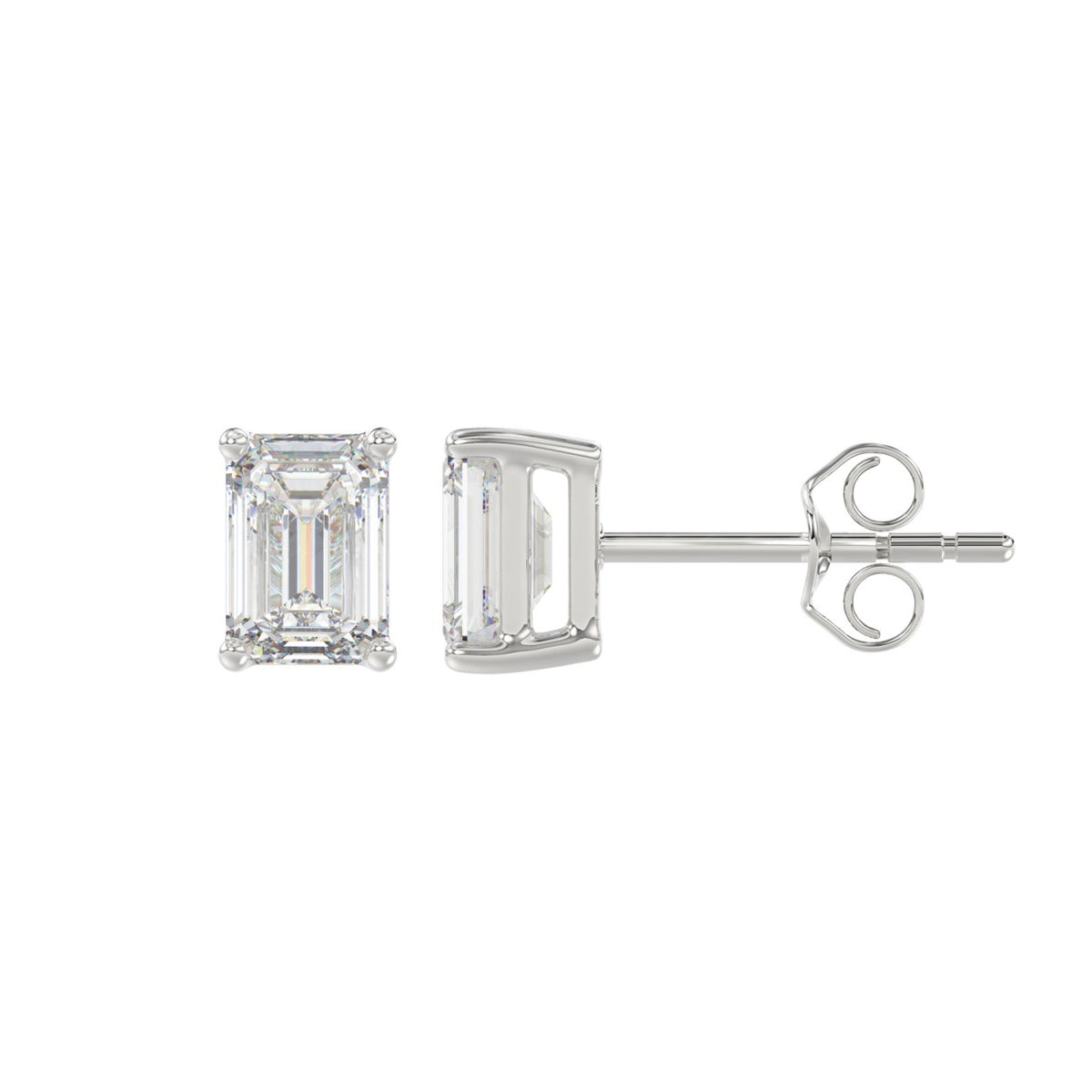 4-Prong Basket Emerald Cut Diamond Stud Earrings 1.5 ct, 10K White Gold, flat view