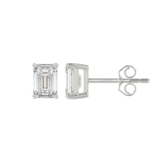 4-Prong Basket Emerald Cut Diamond Stud Earrings 1.5 ct, 10K White Gold, flat view