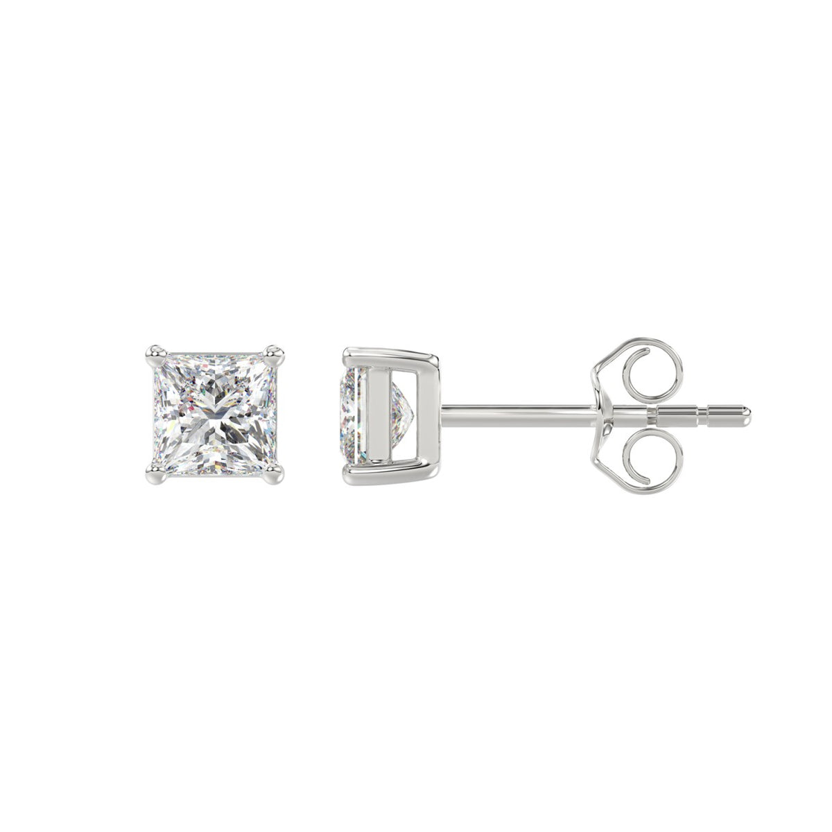 4-Prong Basket Princess Diamond Stud Earrings 1 ct, 10K White Gold, flat view