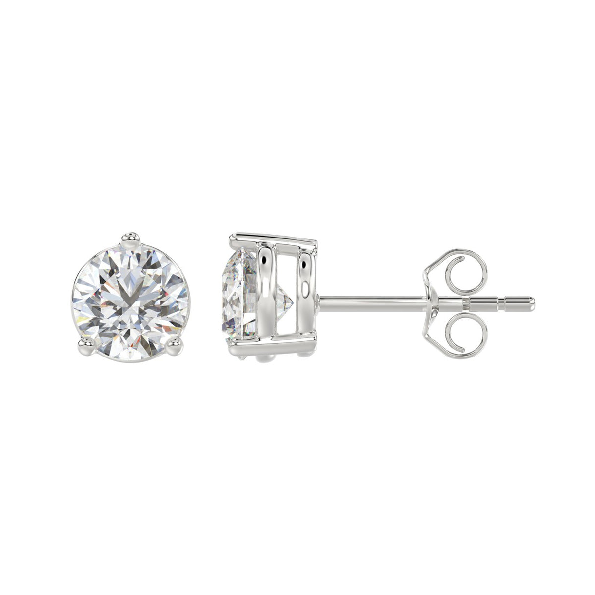 3-Prong Basket Round Brilliant Diamond Stud Earrings 3 ct, 10K White Gold, flat view
