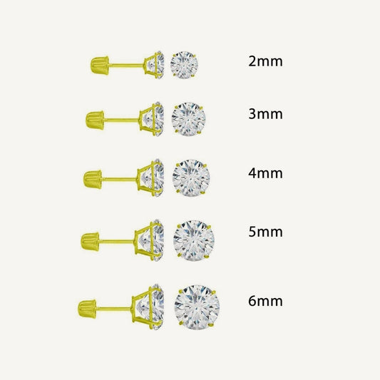 Size comparison chart showing the gold diamond studs at 2mm, 3mm, 4mm, 5mm and 6mm