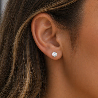 6mm 14 karat gold lab grown diamond stud earring shown worn on the ear
