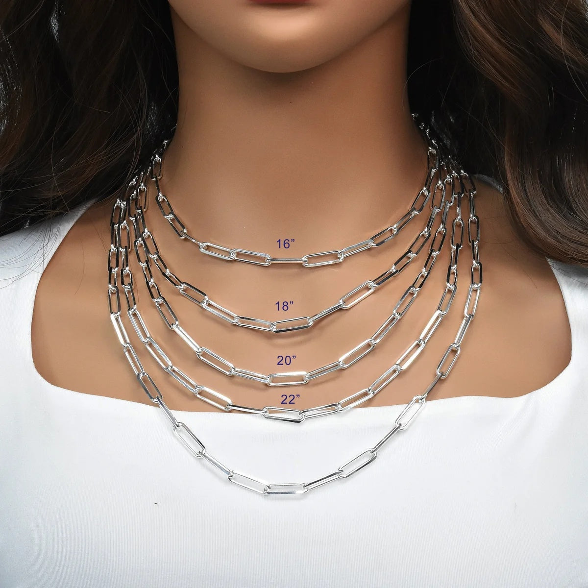 Sterling silver paperclip chain necklace shown in 4.3mm and 5.4mm widths