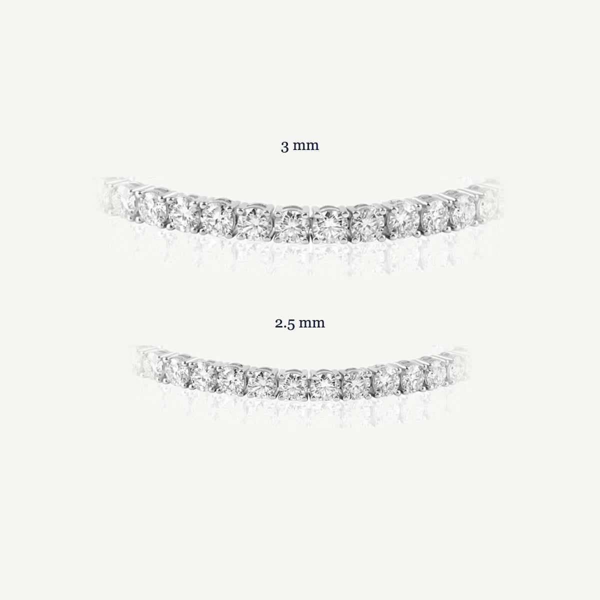 Comparison of the 2.5mm and 3mm stone sizes on the sterling silver tennis bracelet