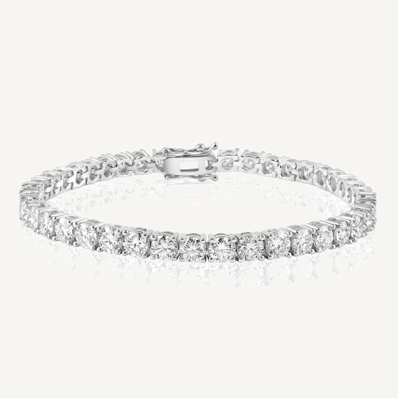 Sterling silver lab grown diamond tennis bracelet laid flat, showing the clasp
