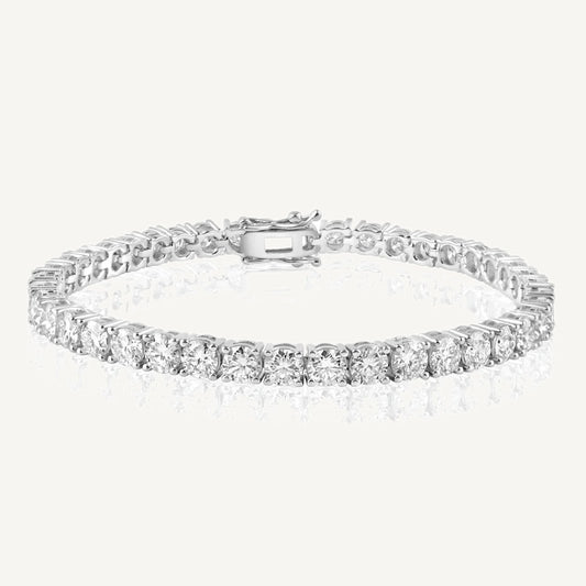Sterling silver lab grown diamond tennis bracelet laid flat, showing the clasp