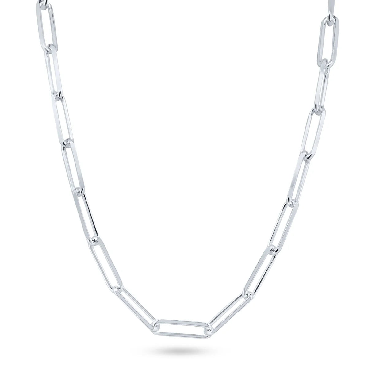 Close view of the flat edge links on the sterling silver paperclip chain necklace