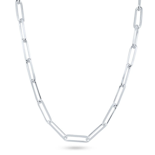 Close view of the flat edge links on the sterling silver paperclip chain necklace