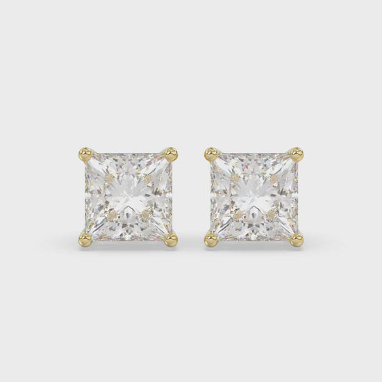 4-Prong Basket Princess Diamond Stud Earrings 4 ct, 10K Yellow Gold, video