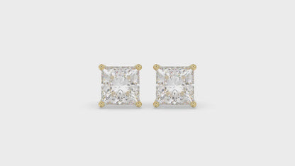 4-Prong Basket Princess Diamond Stud Earrings 4 ct, 10K Yellow Gold, video