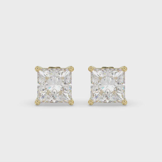 4-Prong Basket Princess Diamond Stud Earrings 3 ct, 10K Yellow Gold, video