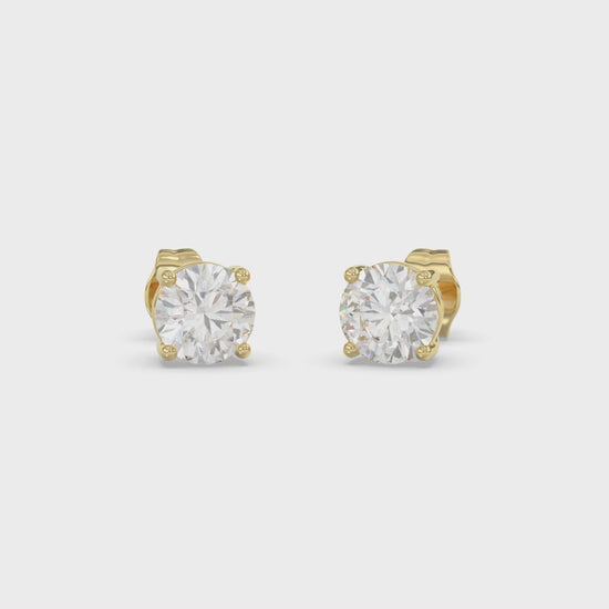 4-Prong Basket Round Brilliant Diamond Stud Earrings 2 ct, 10K Yellow Gold, video