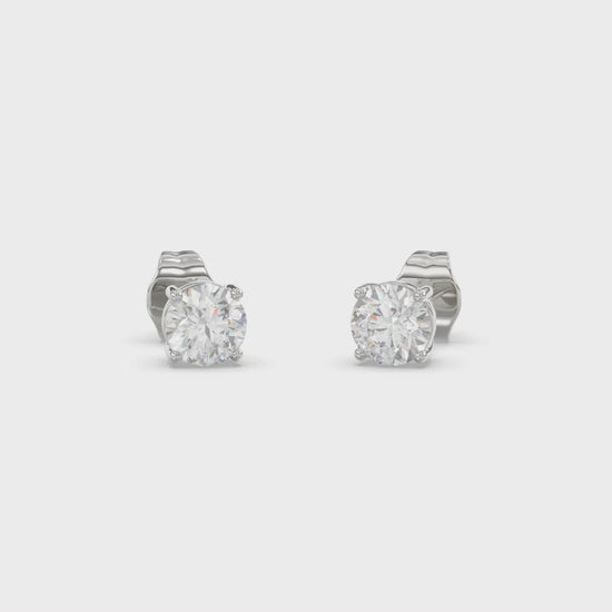 4-Prong Basket Round Brilliant Diamond Stud Earrings 1 ct, 10K White Gold, video