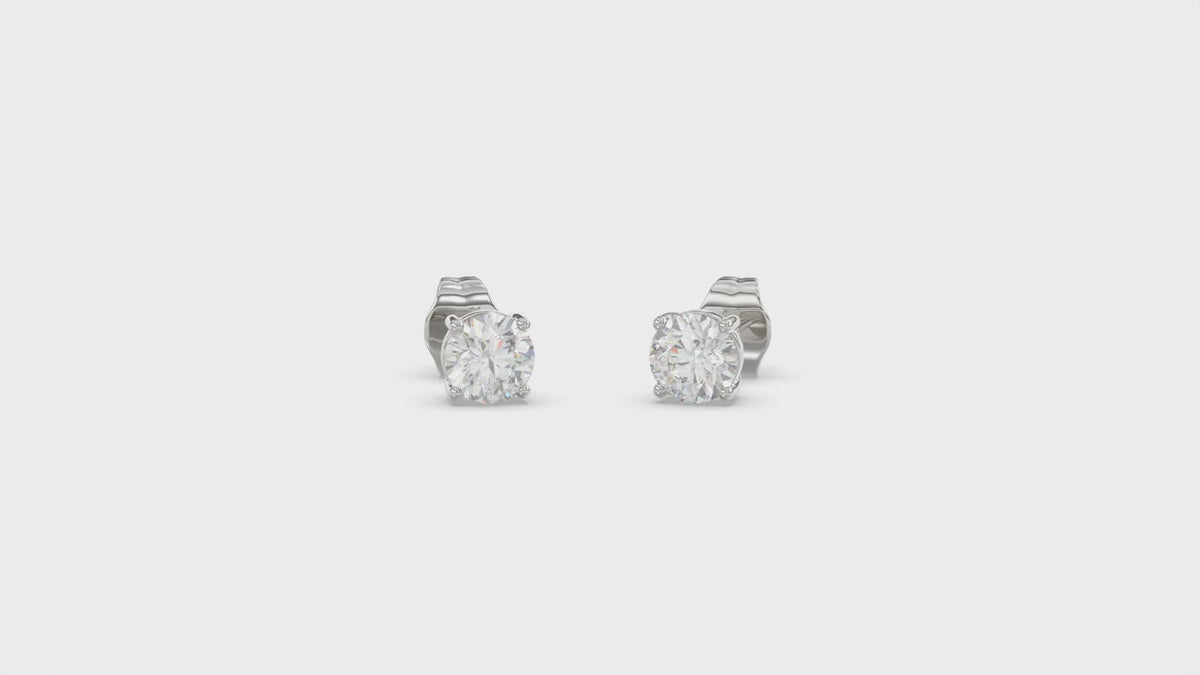 4-Prong Basket Round Brilliant Diamond Stud Earrings 1 ct, 10K White Gold, video