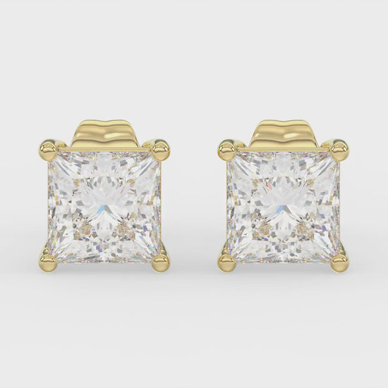 4-Prong Basket Princess Diamond Stud Earrings 2 ct, 10K Yellow Gold, video