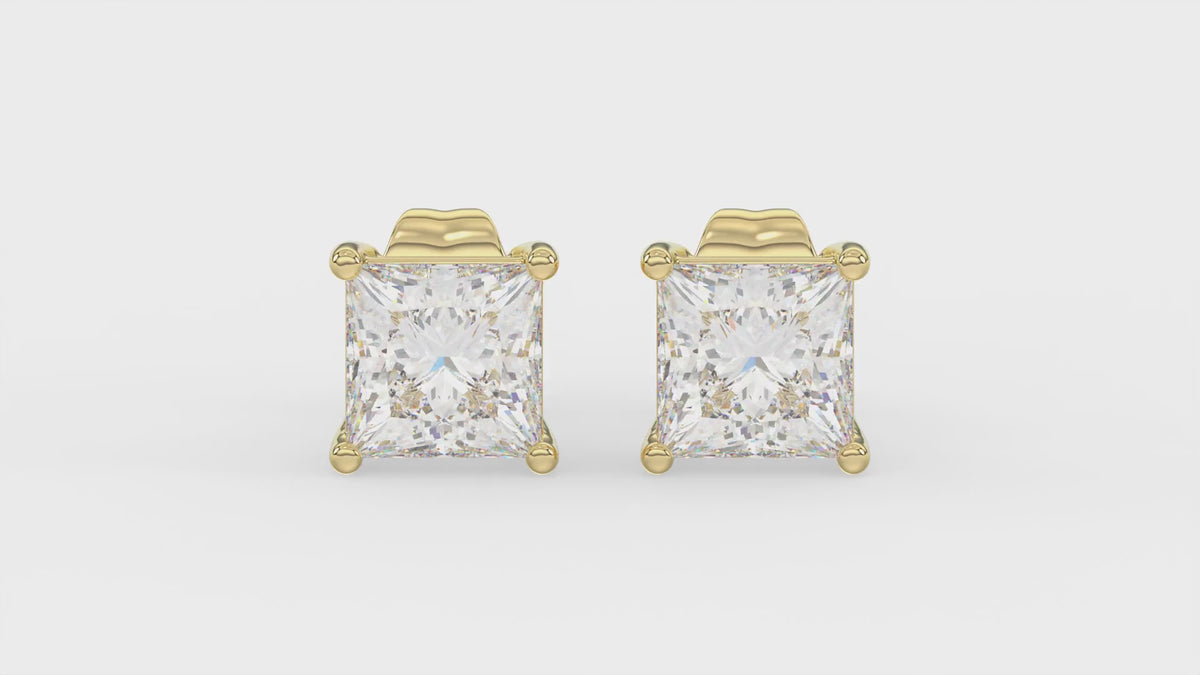 4-Prong Basket Princess Diamond Stud Earrings 2 ct, 10K Yellow Gold, video