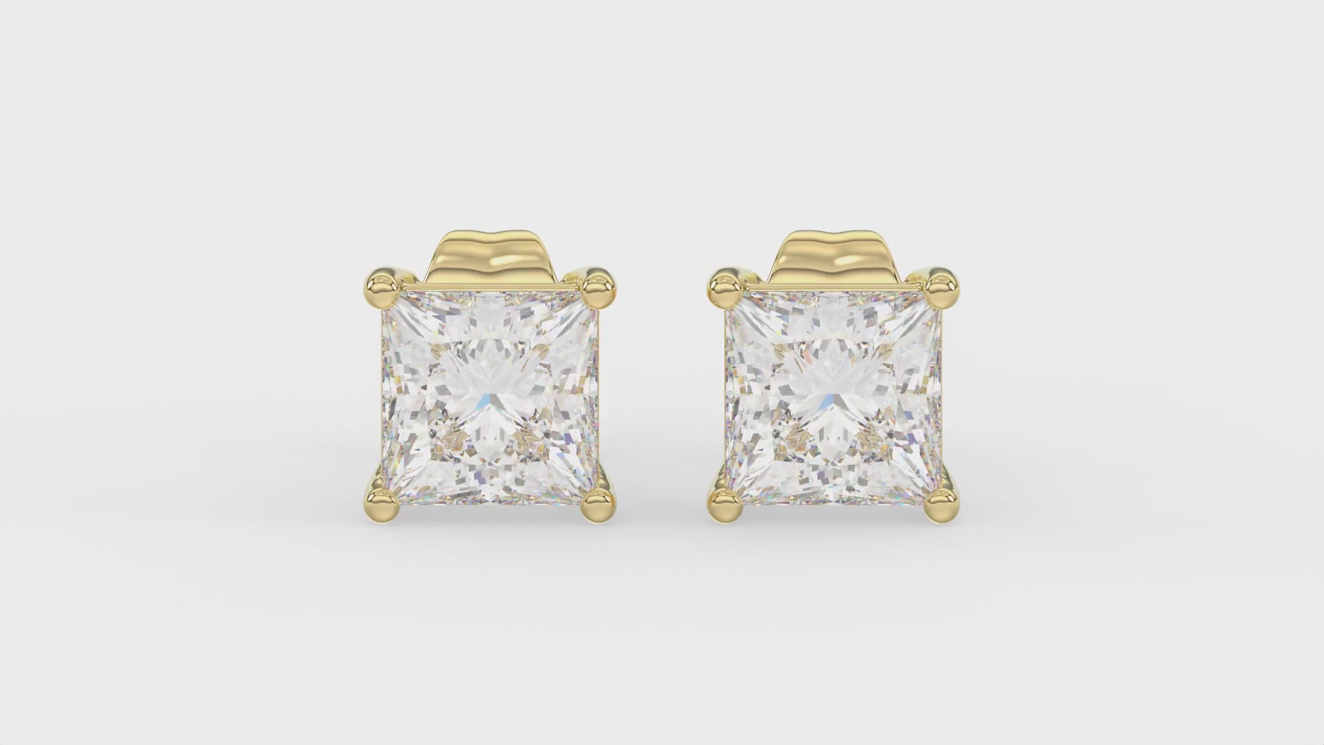 4-Prong Basket Princess Diamond Stud Earrings 2 ct, 10K Yellow Gold, video