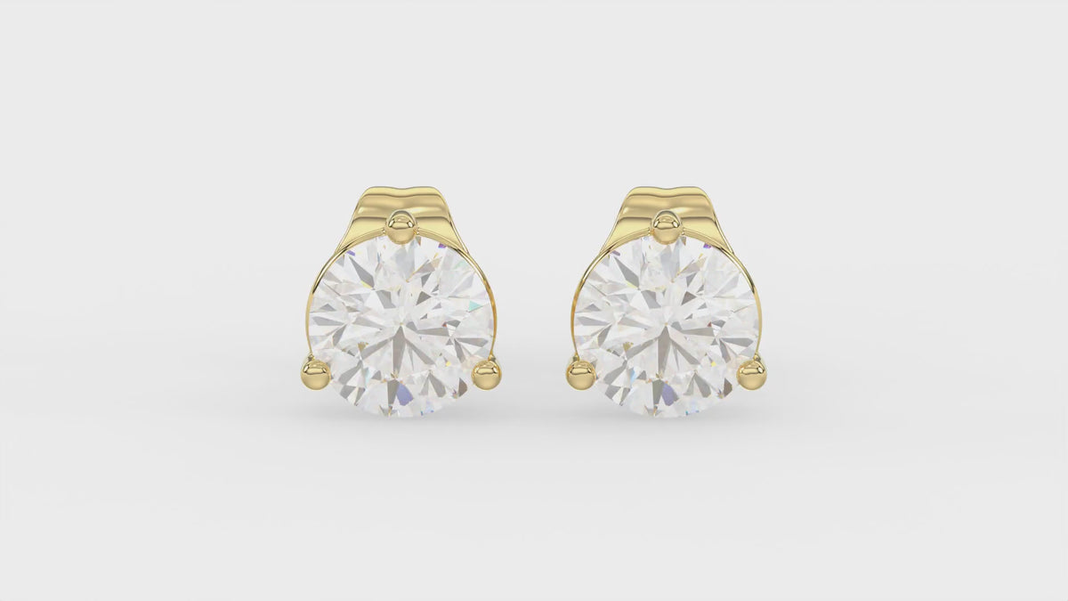 3-Prong Basket Round Brilliant Diamond Stud Earrings 1.5 ct, 10K Yellow Gold, video
