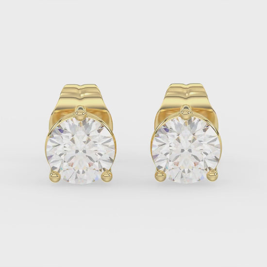 3-Prong Basket Round Brilliant Diamond Stud Earrings 1 ct, 10K Yellow Gold, video