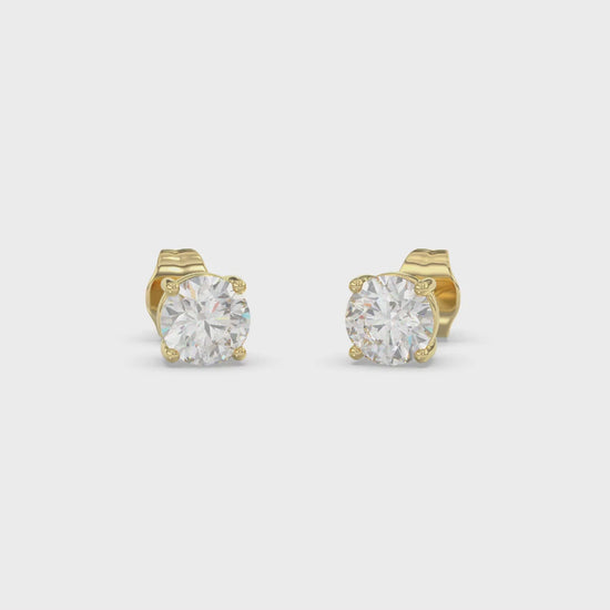 4-Prong Basket Round Brilliant Diamond Stud Earrings 1.5 ct, 10K Yellow Gold, video