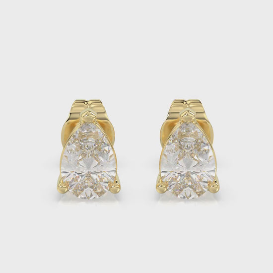 3-Prong Basket Pear Diamond Stud Earrings 1 ct, 10K Yellow Gold, video
