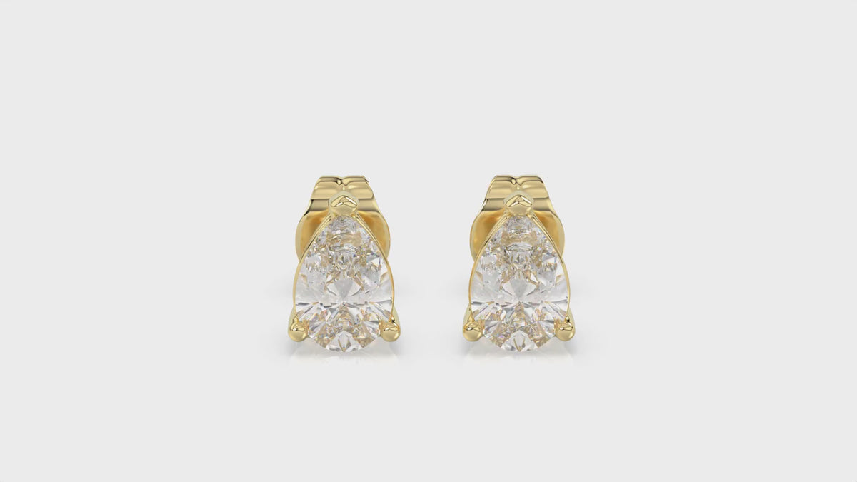 3-Prong Basket Pear Diamond Stud Earrings 1 ct, 10K Yellow Gold, video