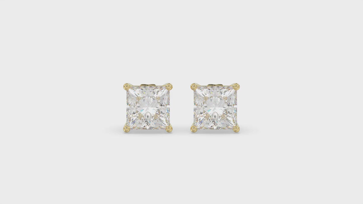 4-Prong Basket Princess Diamond Stud Earrings 3 ct, 10K Yellow Gold, video
