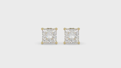 4-Prong Basket Princess Diamond Stud Earrings 3 ct, 10K Yellow Gold, video