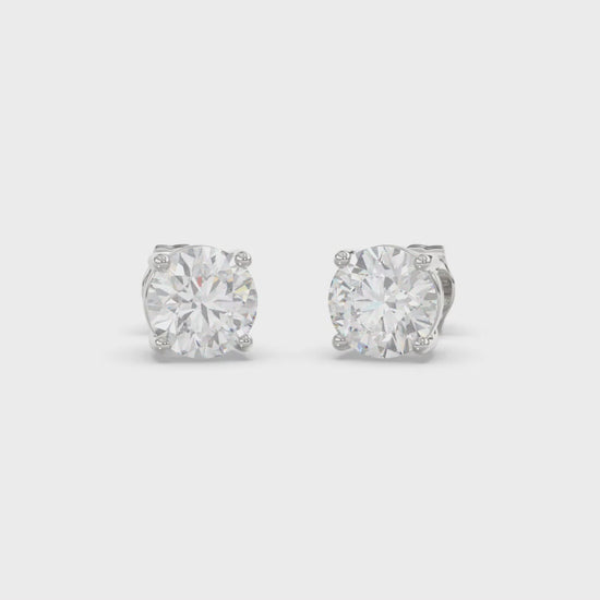 4-Prong Basket Round Brilliant Diamond Stud Earrings 3 ct, 10K White Gold, video