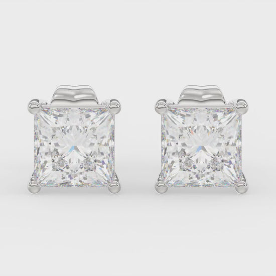 4-Prong Basket Princess Diamond Stud Earrings 2 ct, 10K White Gold, video