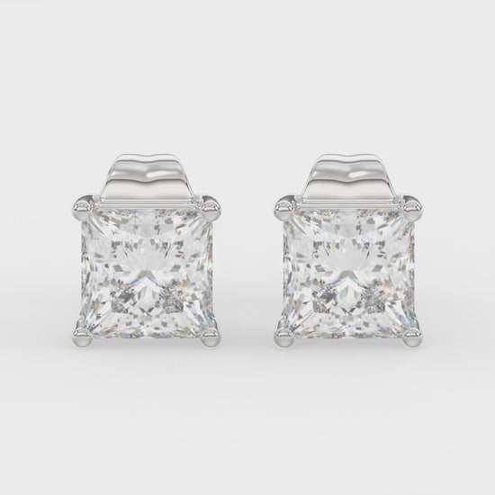 4-Prong Basket Princess Diamond Stud Earrings 1.5 ct, 10K White Gold, video