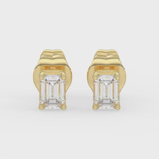 4-Prong Basket Emerald Cut Diamond Stud Earrings 2.5 ct, 10K Yellow Gold, video