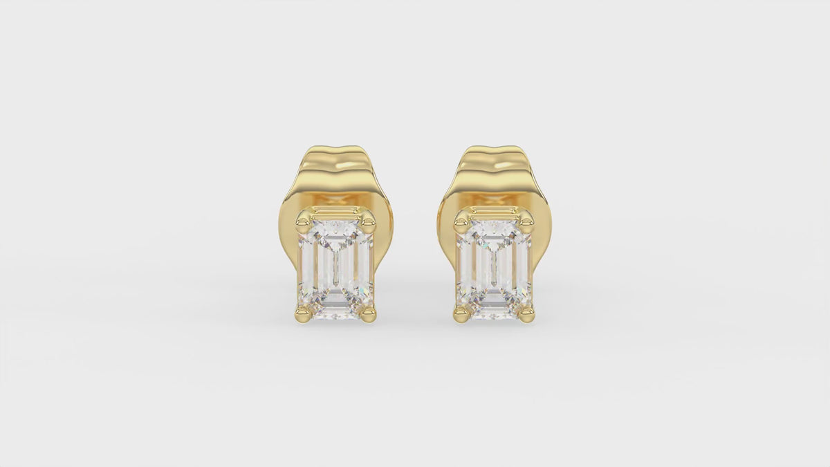 4-Prong Basket Emerald Cut Diamond Stud Earrings 2.5 ct, 10K Yellow Gold, video