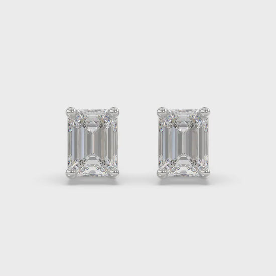 4-Prong Basket Emerald Cut Diamond Stud Earrings 4 ct, 10K White Gold, video