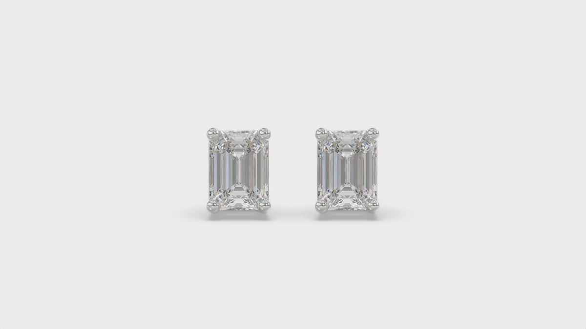 4-Prong Basket Emerald Cut Diamond Stud Earrings 4 ct, 10K White Gold, video
