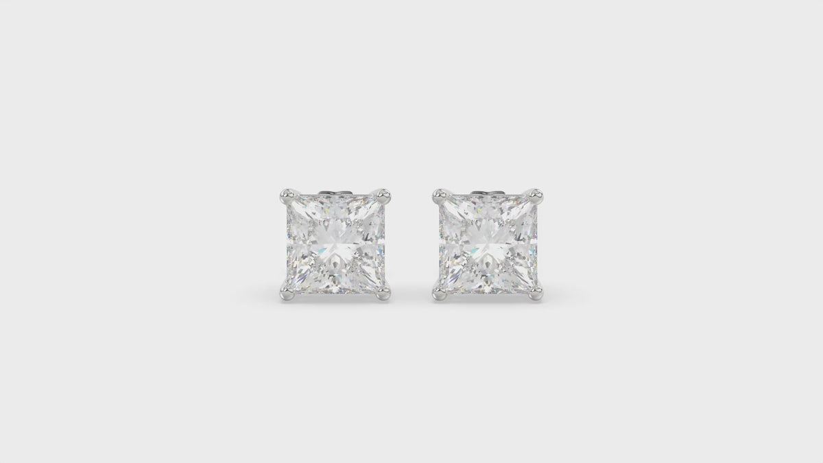 4-Prong Basket Princess Diamond Stud Earrings 3 ct, 10K White Gold, video