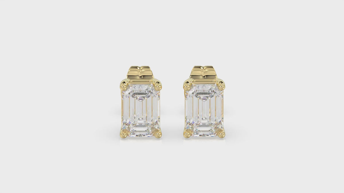 4-Prong Basket Emerald Cut Diamond Stud Earrings 1.5 ct, 10K Yellow Gold, video