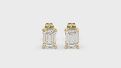 4-Prong Basket Emerald Cut Diamond Stud Earrings 1.5 ct, 10K Yellow Gold, video