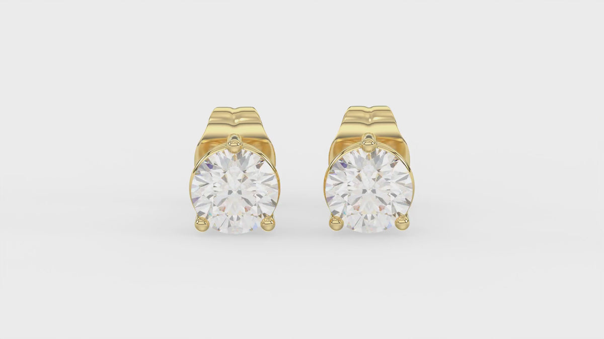 3-Prong Basket Round Brilliant Diamond Stud Earrings 1 ct, 10K Yellow Gold, video