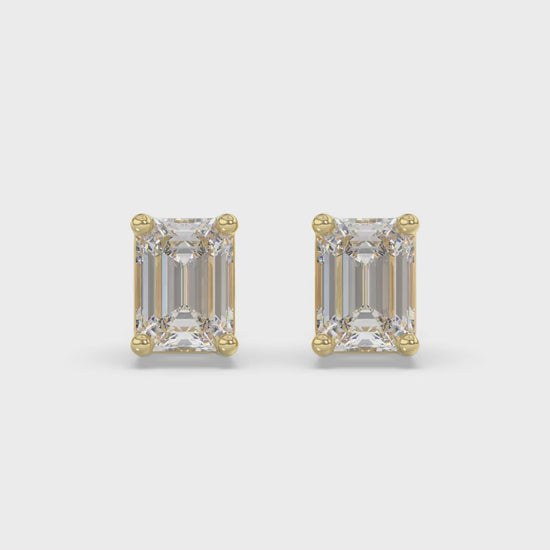 4-Prong Basket Emerald Cut Diamond Stud Earrings 4 ct, 10K Yellow Gold, video