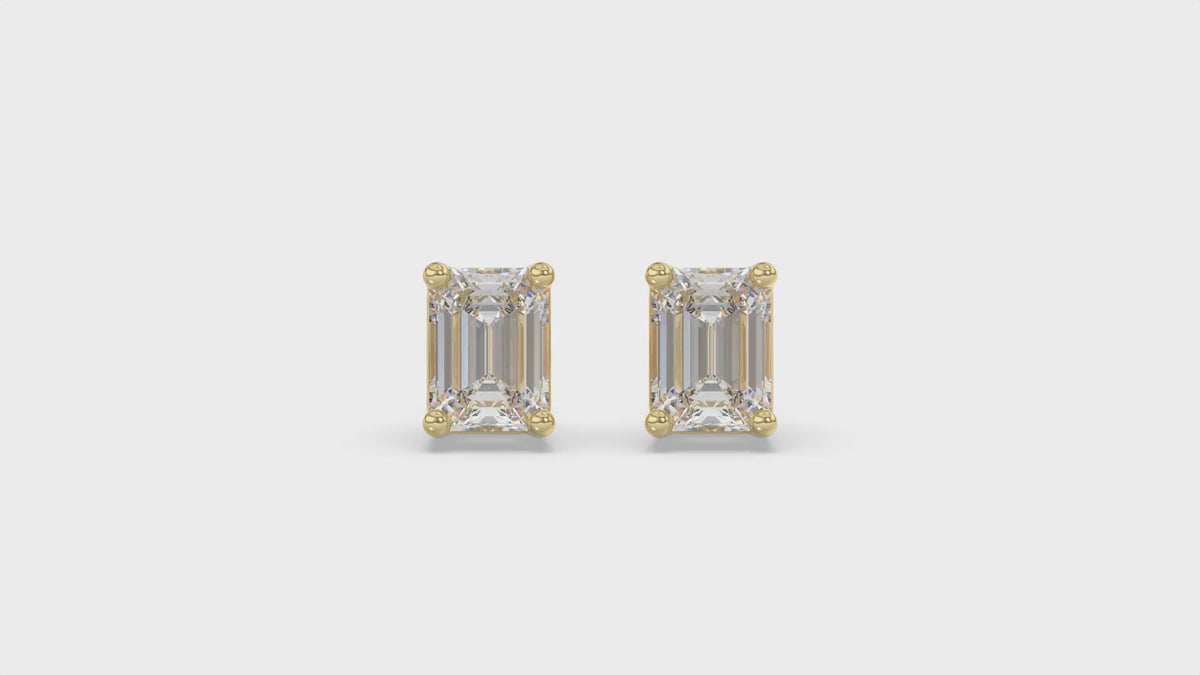4-Prong Basket Emerald Cut Diamond Stud Earrings 4 ct, 10K Yellow Gold, video