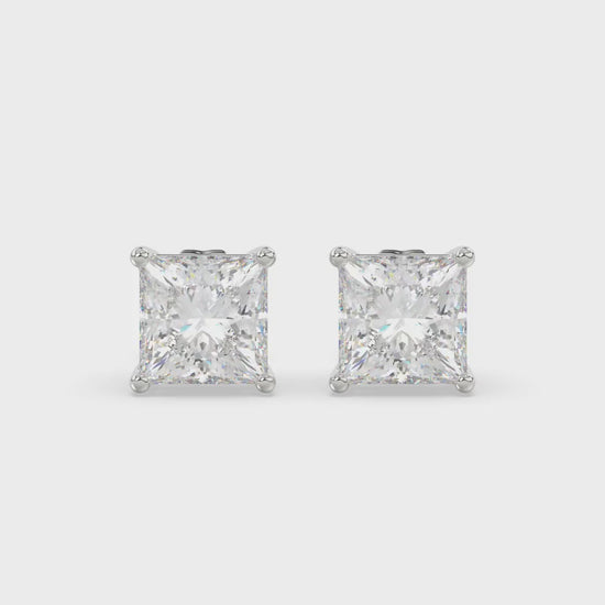 4-Prong Basket Princess Diamond Stud Earrings 3 ct, 10K White Gold, video