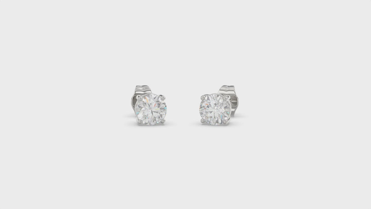 4-Prong Basket Round Brilliant Diamond Stud Earrings 1.5 ct, 10K White Gold, video