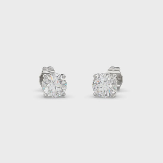 4-Prong Basket Round Brilliant Diamond Stud Earrings 1.5 ct, 10K White Gold, video