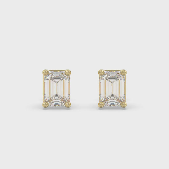 4-Prong Basket Emerald Cut Diamond Stud Earrings 3 ct, 10K Yellow Gold, video