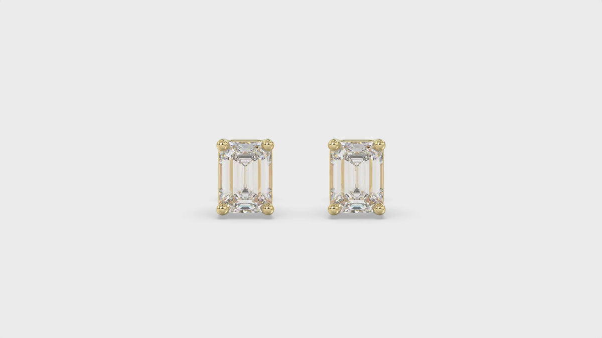 4-Prong Basket Emerald Cut Diamond Stud Earrings 3 ct, 10K Yellow Gold, video